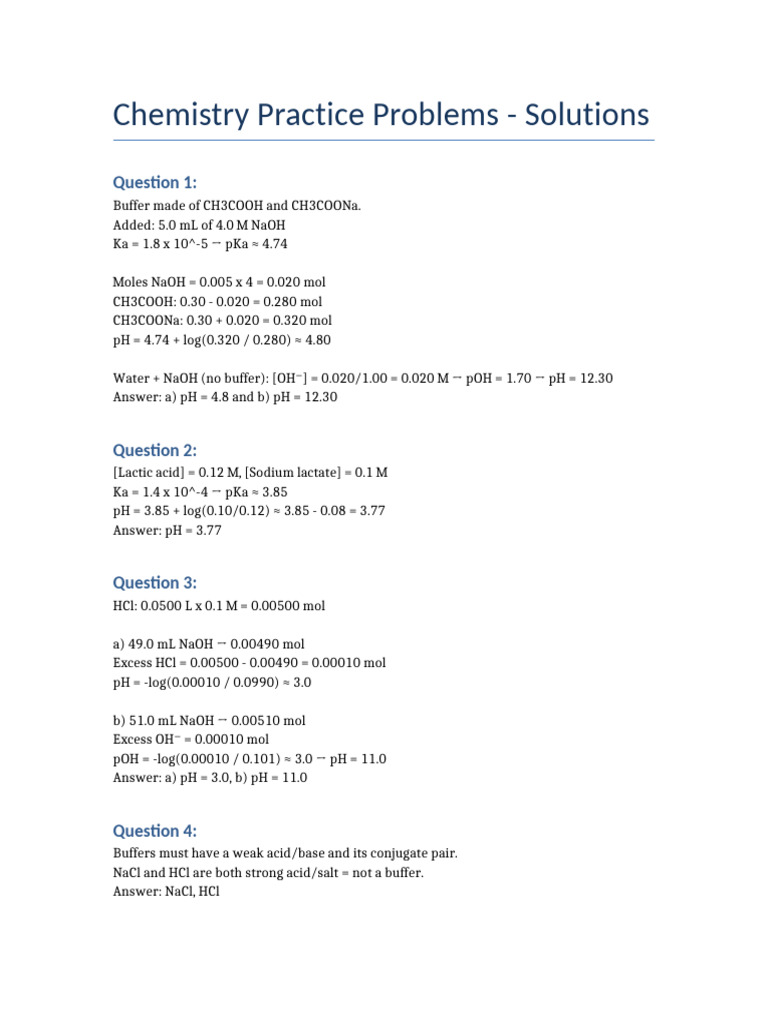 Chemistry Buffer and pH Practice Solutions | PDF | Ph | Acid