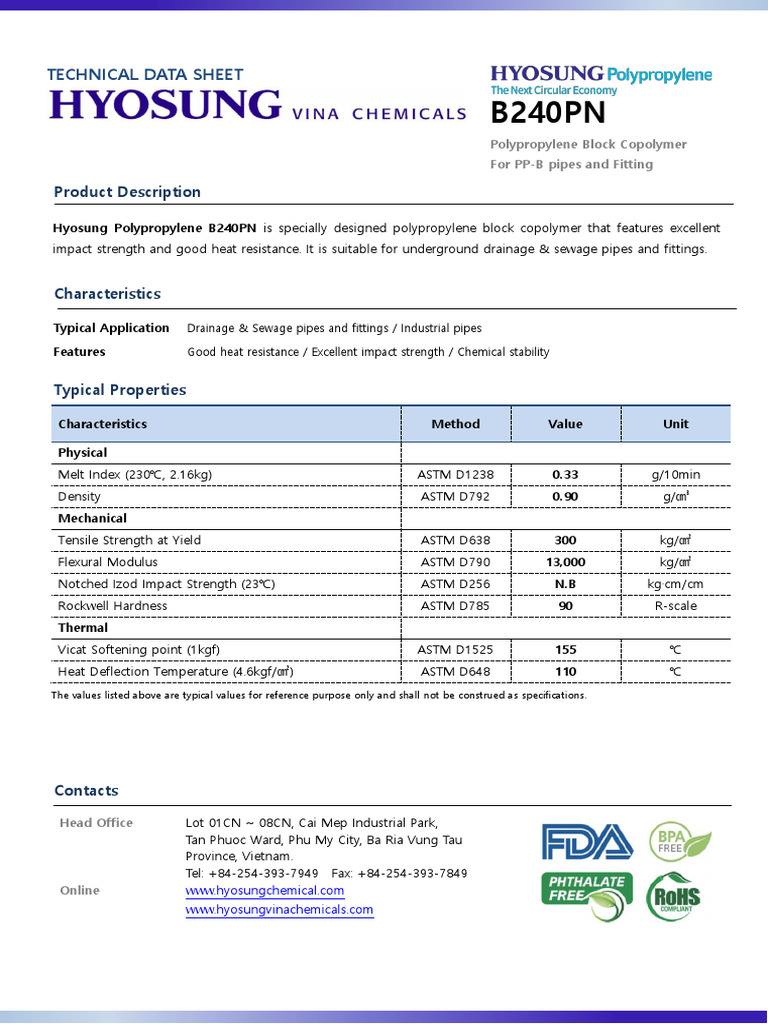 Polypropylene B240PN Technical Data Sheet | PDF | Physical Sciences ...
