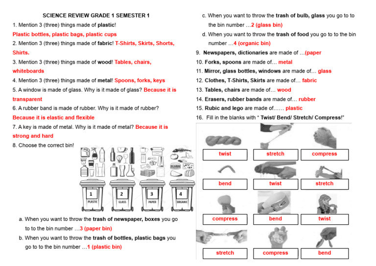 Grade 1 Science Review: Materials & Recycling | PDF