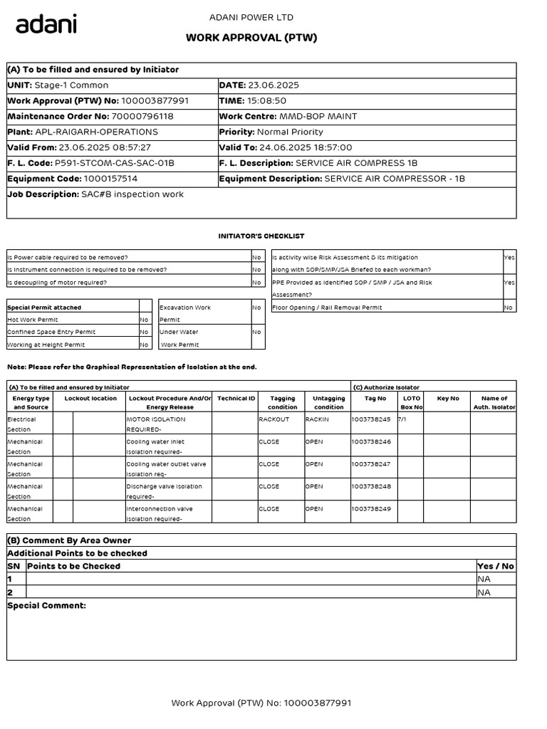 Work Approval (PTW) : Initiator'S Checklist | PDF | Gas Technologies ...