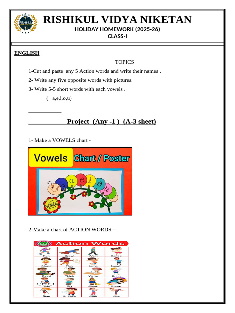 Class 1 Holiday Homework 2025-26 | PDF | Notebook