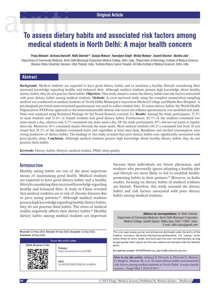 To Assess Dietary Habits and Associated Risk Factors Among Medical ...