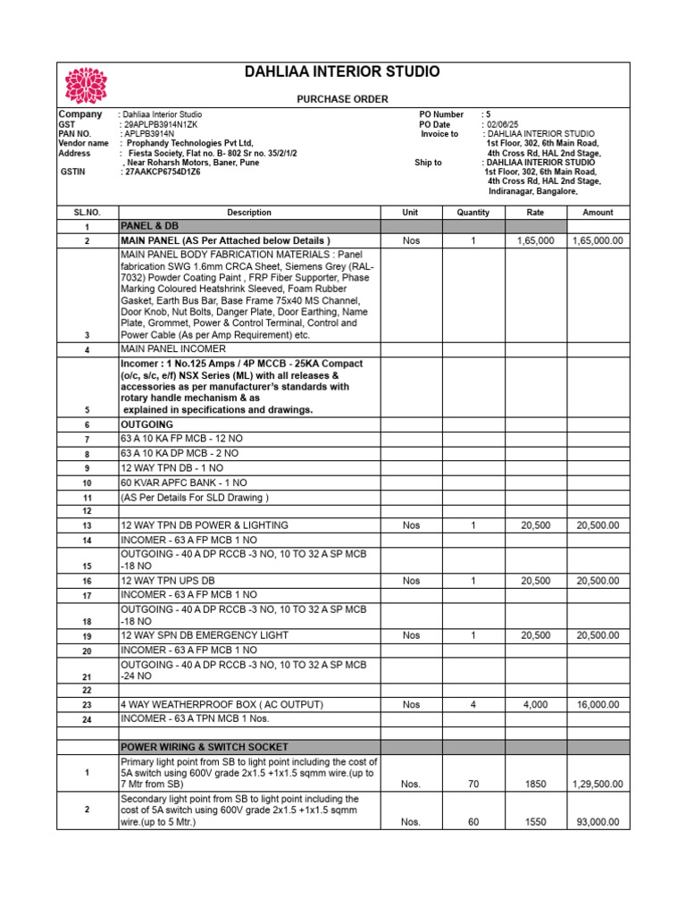 Dahliaa Interior Studio Purchase Order | PDF | Electrical Connector ...