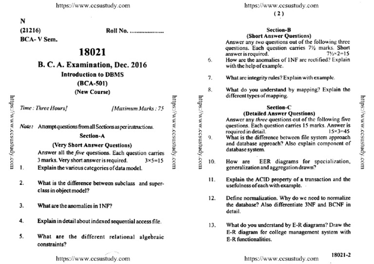 Bca 5 Sem Introduction to Dbms 18021 Dec 2016 | PDF