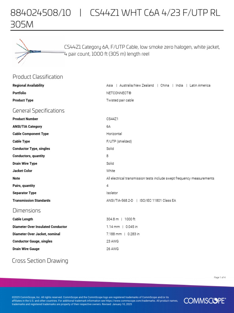 CommScope CS44Z1 Cat 6A Cable Datasheet | PDF | Decibel | Electronics