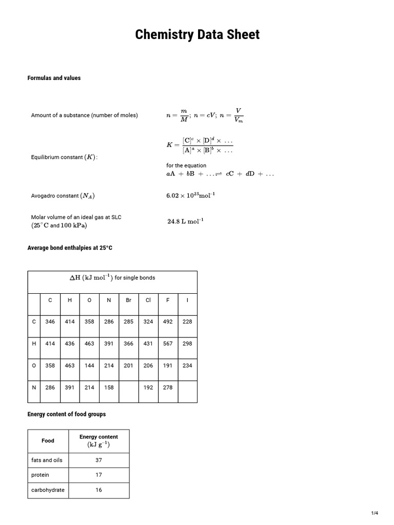 Chemistry Data Sheet Overview | PDF | Mole (Unit) | Atoms