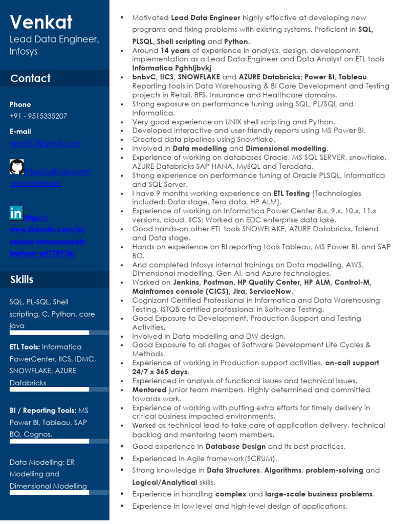Lead Data Engineer Profile - Venkat | PDF | Microsoft Sql Server ...