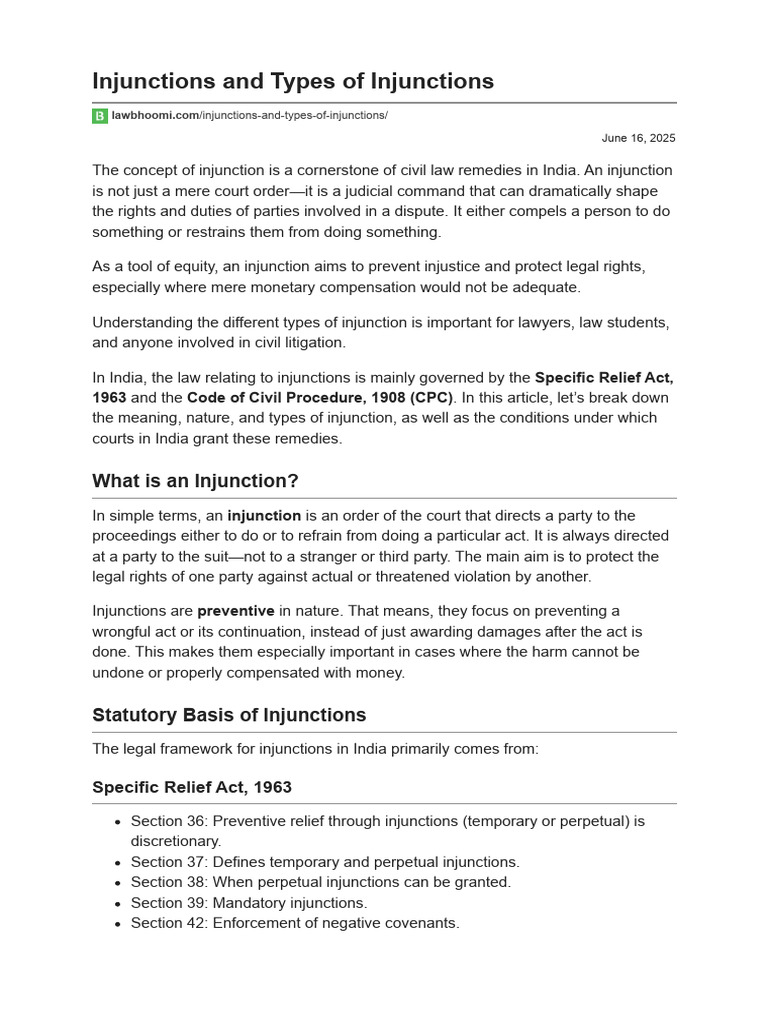 Types and Importance of Injunctions in India | PDF | Injunction | Legal ...