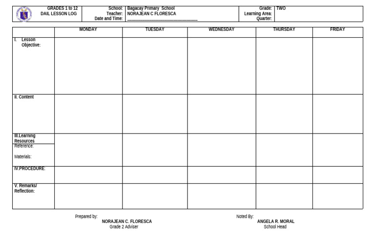 Grade 2 Daily Lesson Log Template | PDF