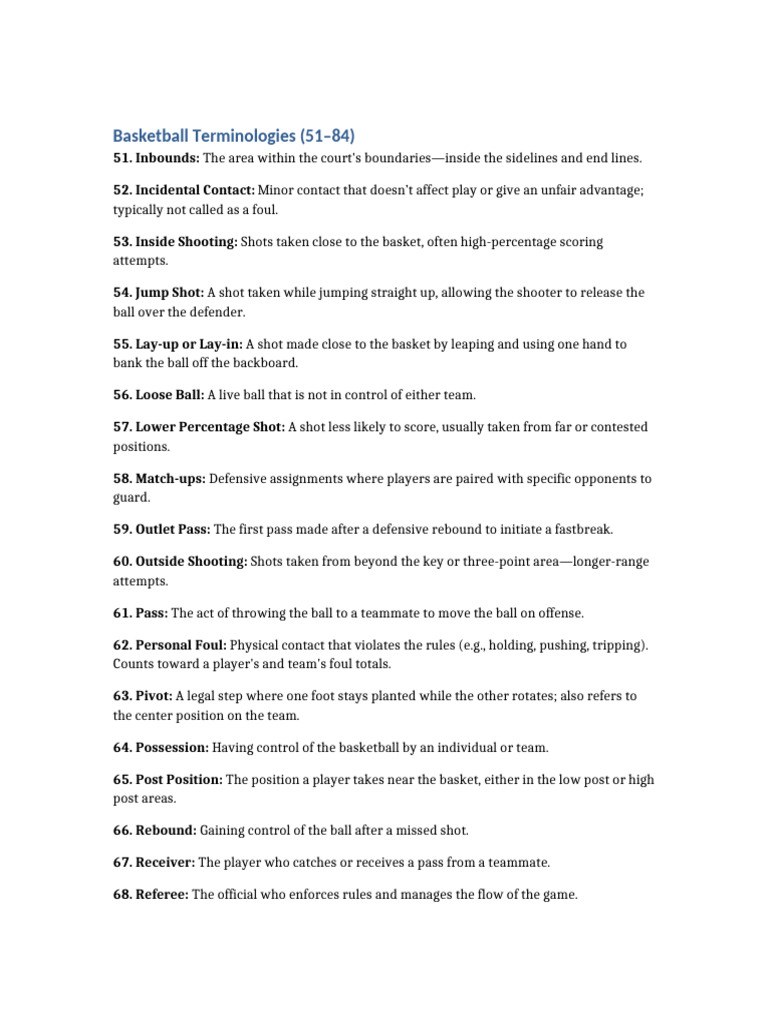 Basketball Terminologies 51-84 | PDF | Team Sports | Sports