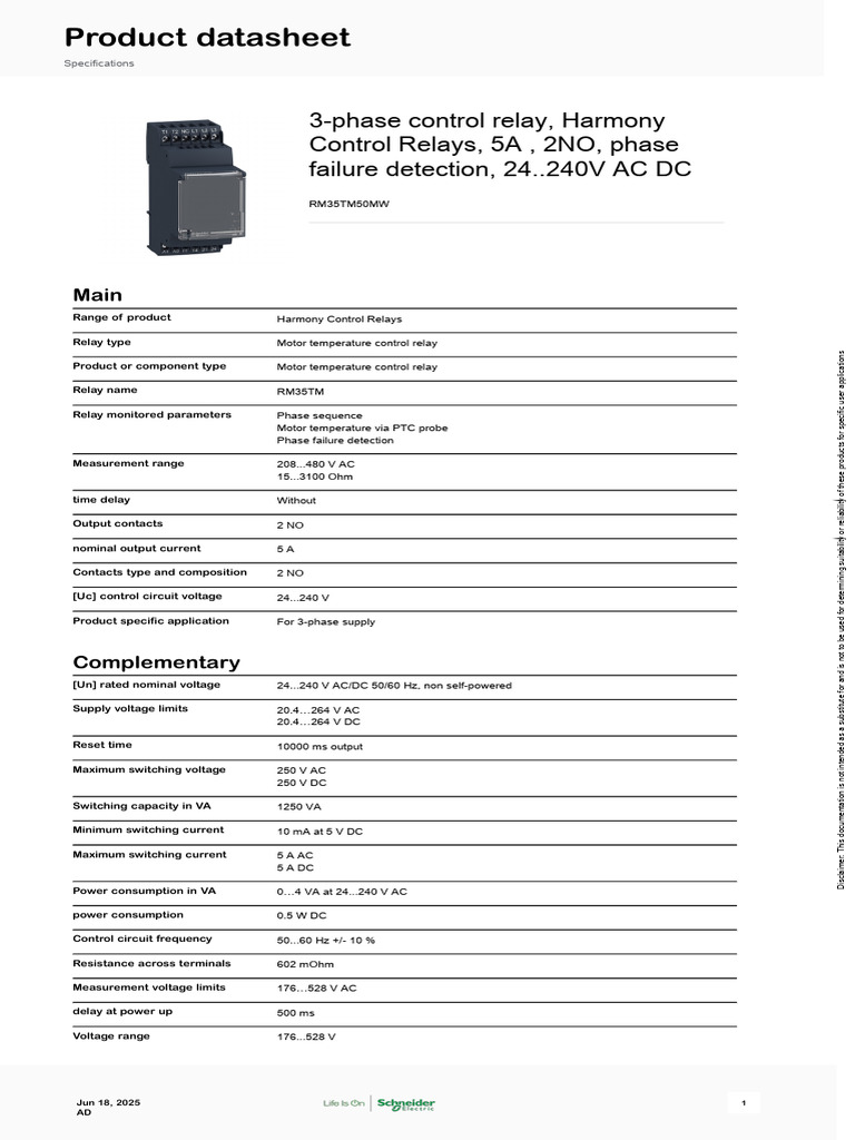 RM35TM50MW Motor Control Relay Datasheet | PDF | Relay | Alternating ...