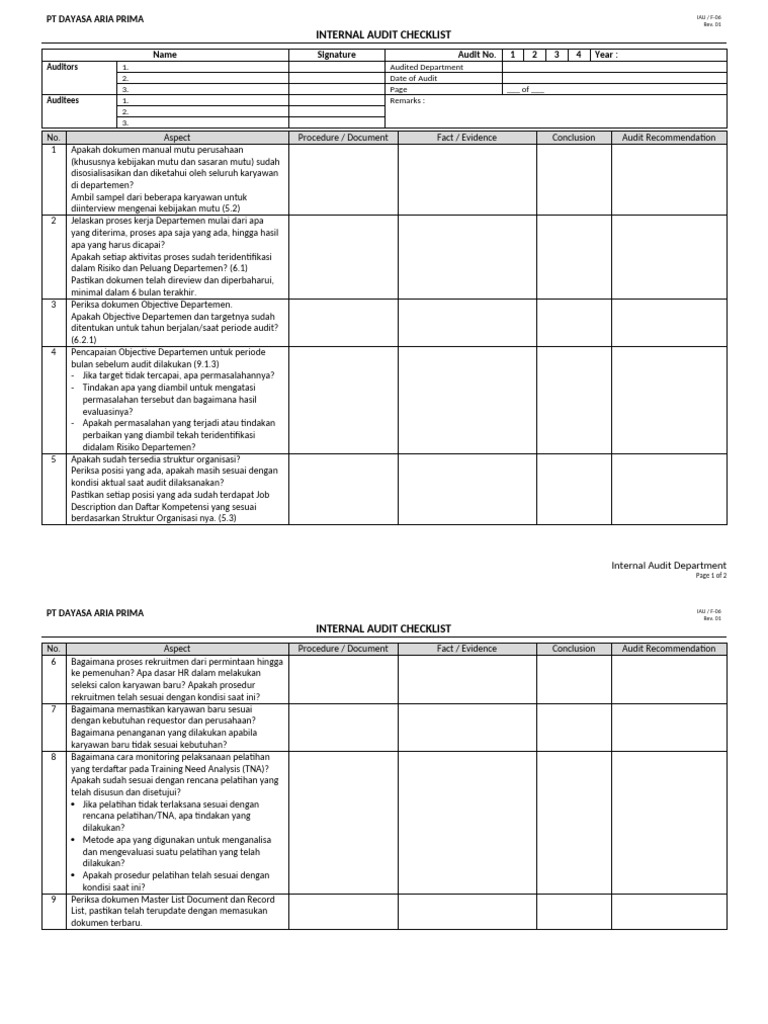 Checklist Audit Internal PT Dayasa Aria | PDF