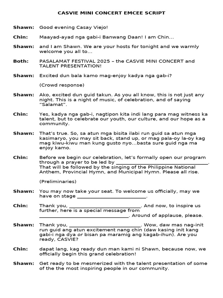 Casvie Mini Concert Emcee Script | PDF