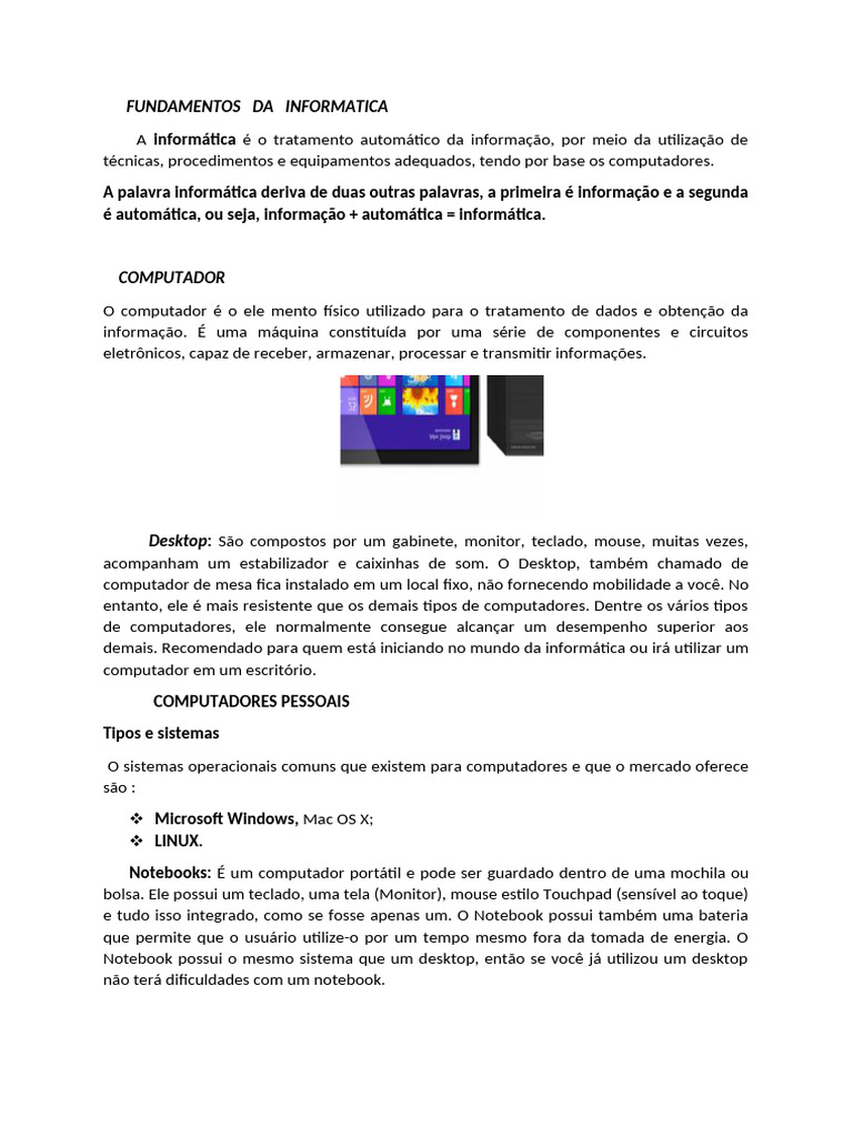 Fundamentos da Informática e Computadores | PDF | Sistema operacional ...
