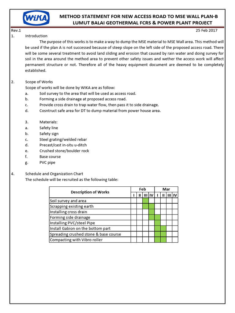 Access Road Method Statement for MSE Wall | PDF | Drainage | Road