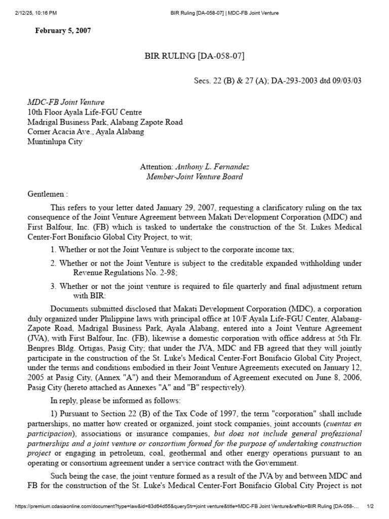 BIR Ruling (DA-058-07) - MDC-FB Joint Venture | PDF | Corporate Tax In ...
