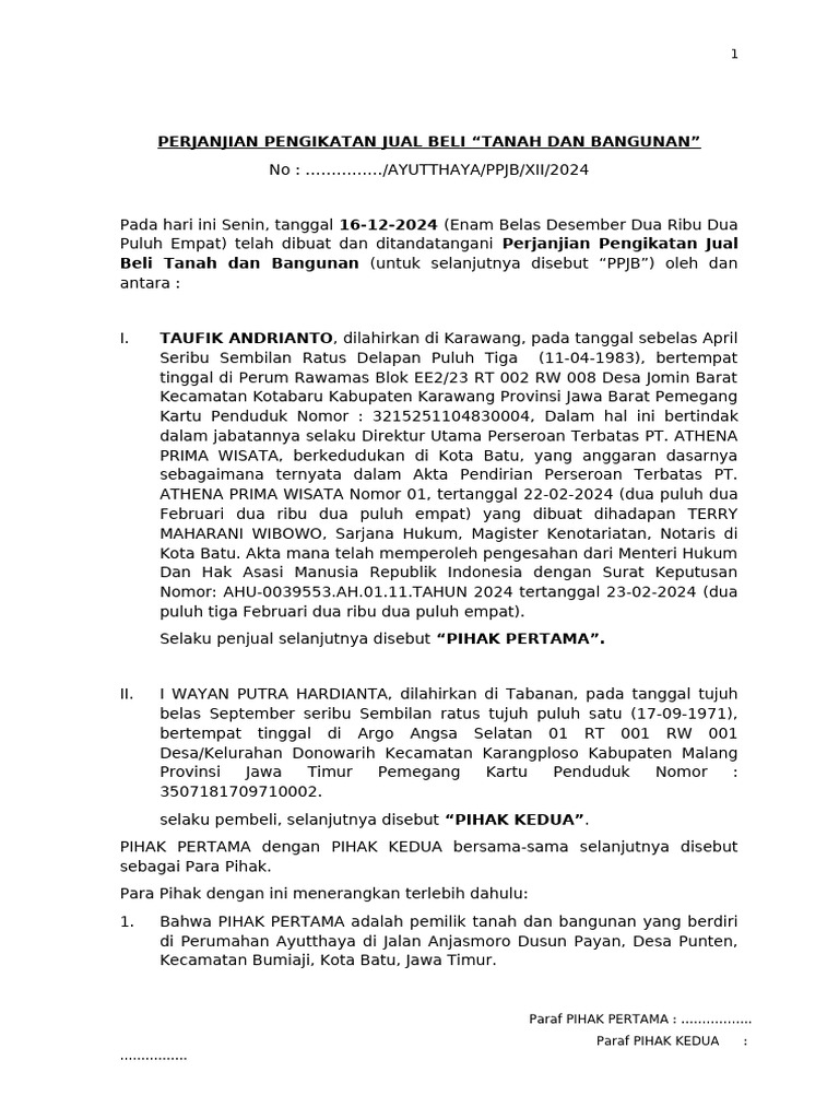 Contoh PPJB Jual Beli Tanah dan Bangunan | PDF
