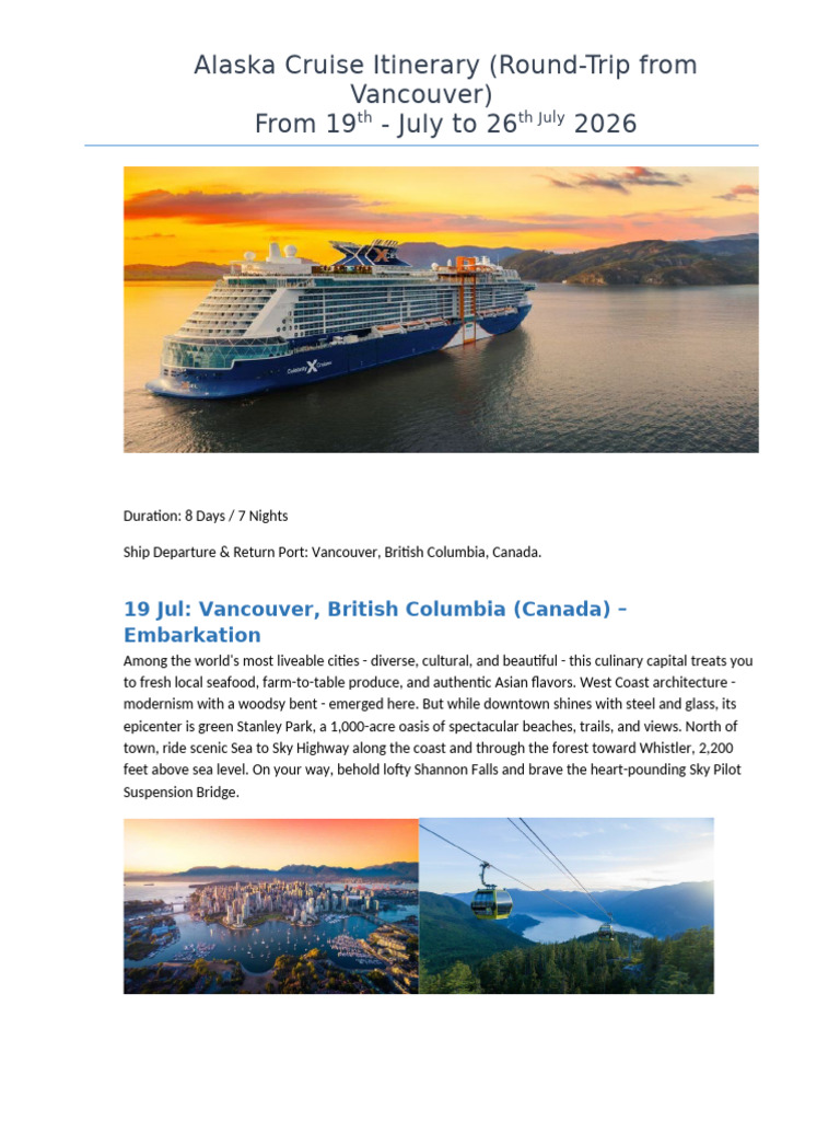 Alaska Cruise Itinerary: July 2026 | PDF | Alaska