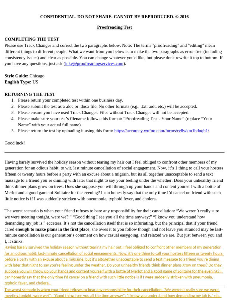 Proofreading Test Instructions and Content | PDF