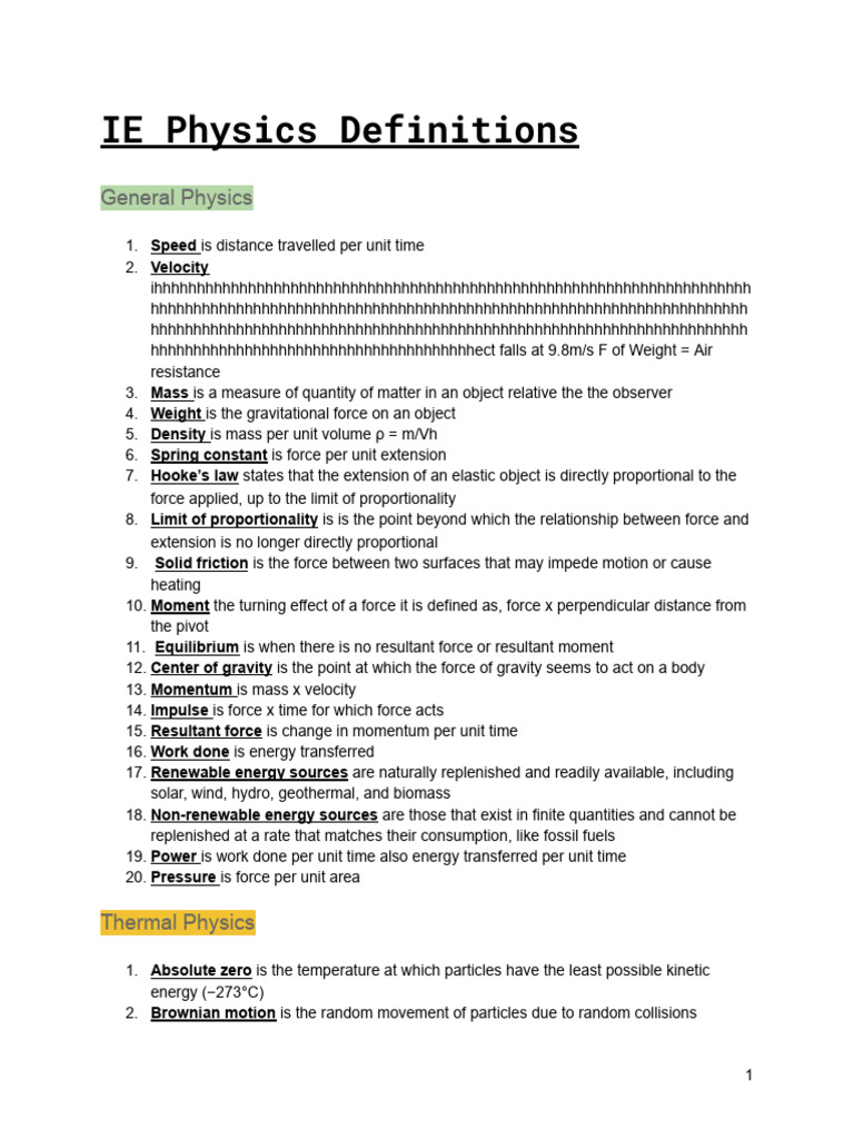 IGCSE Physics Key Definitions | PDF | Force | Waves