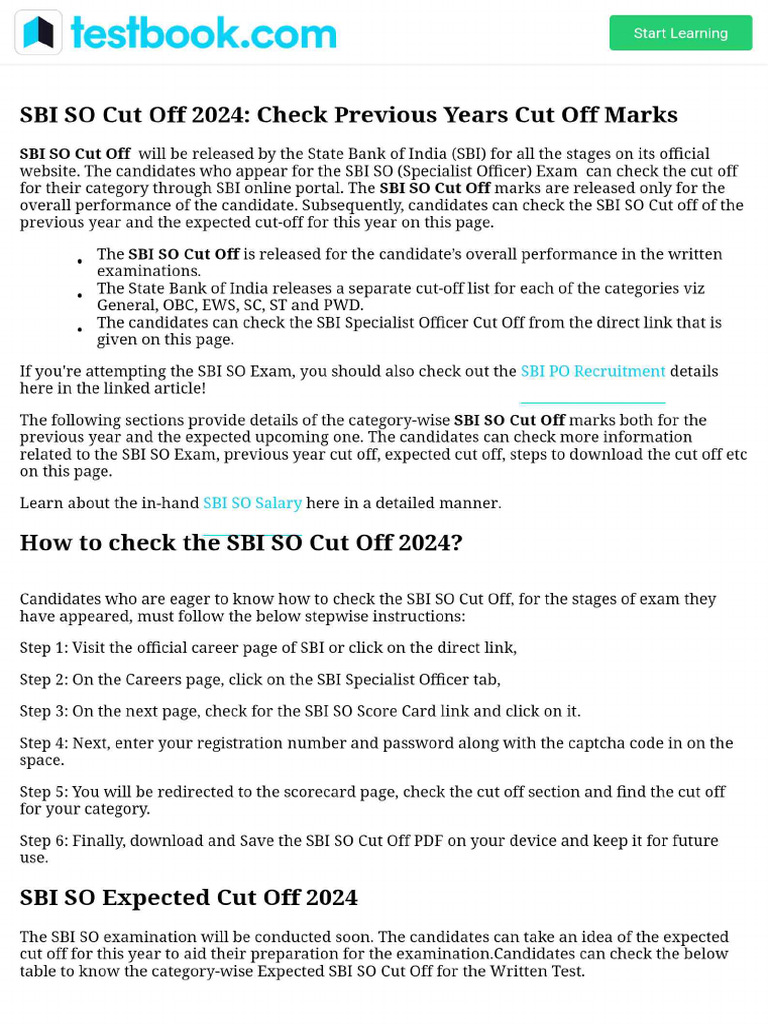 SBI SO Cut Off 2024 - Check Previous Years Cut Off Marks | PDF