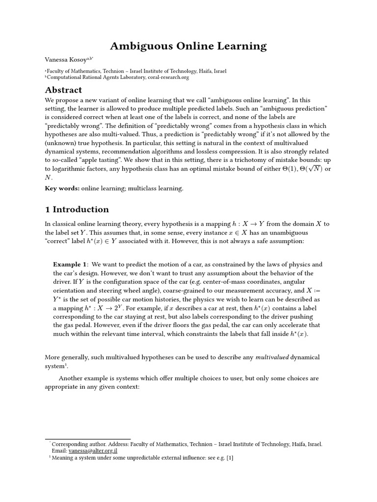 Ambiguous Online Learning Explained | PDF | Hypothesis | Probability