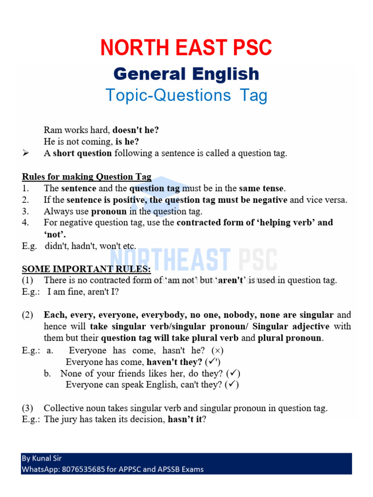 Question Tags in English Grammar Guide | PDF | Grammatical Number | Plural