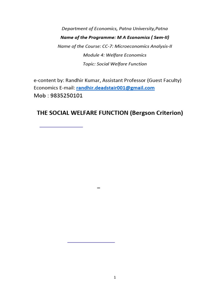 Bergson Criterion in Social Welfare Function | PDF | Welfare Economics ...
