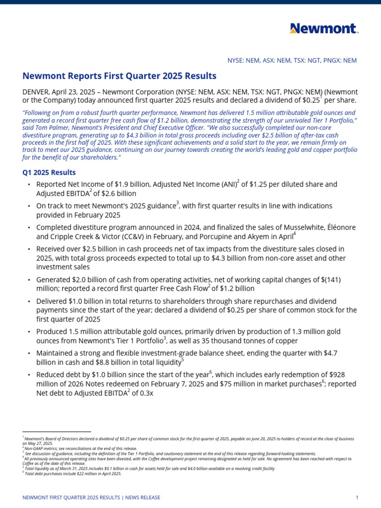 Newmont Q1 2025 Earnings Release - Final | PDF | Equity (Finance ...