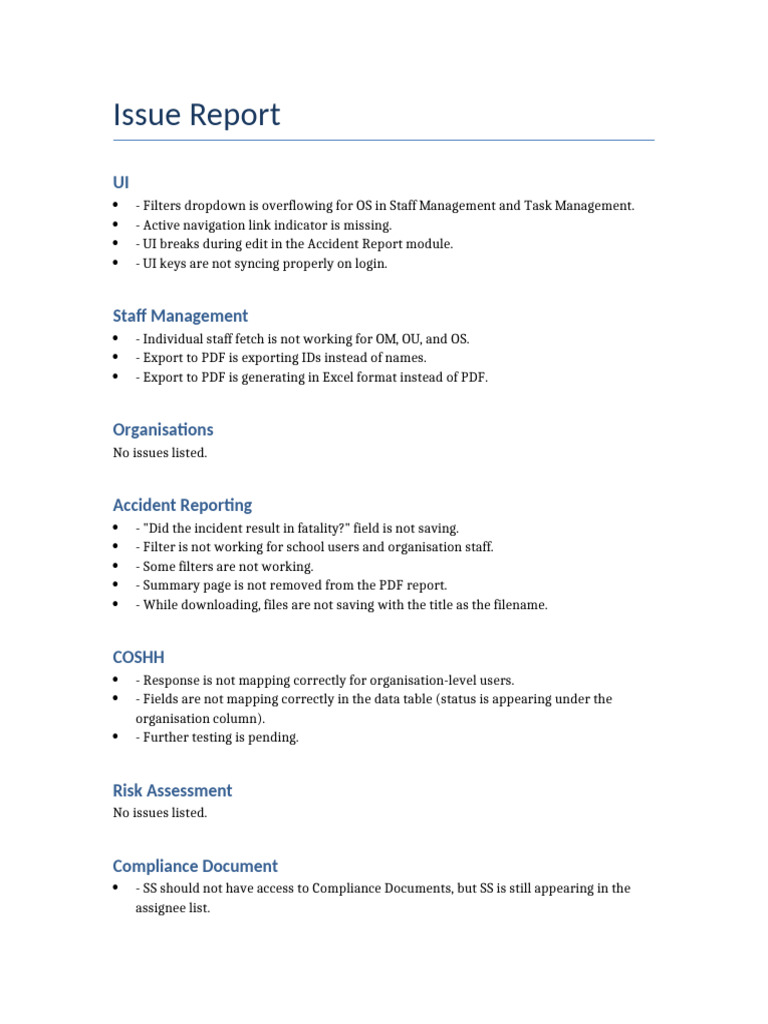 UI and Functionality Issues Report | PDF