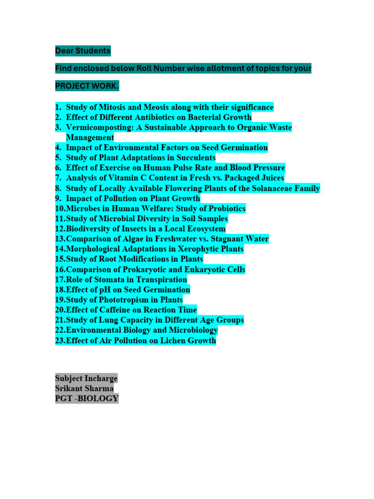 Class 11 Biology Project Topics | PDF