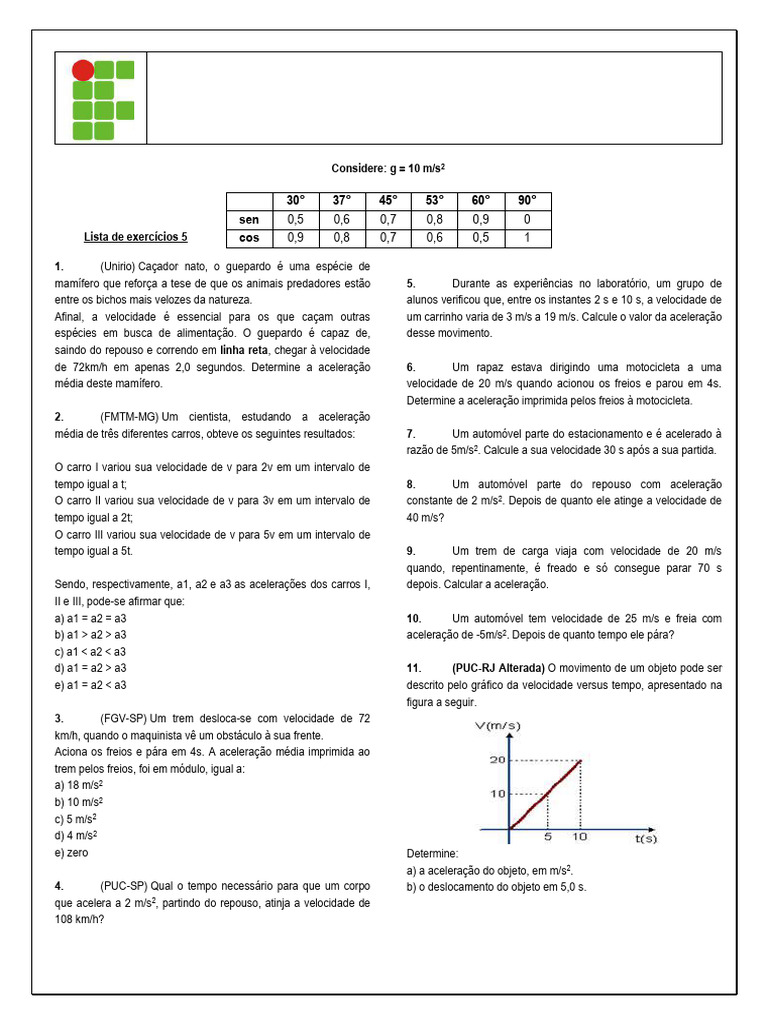 Exercícios de Aceleração Média 9º Ano | PDF | Velocidade | Aceleração