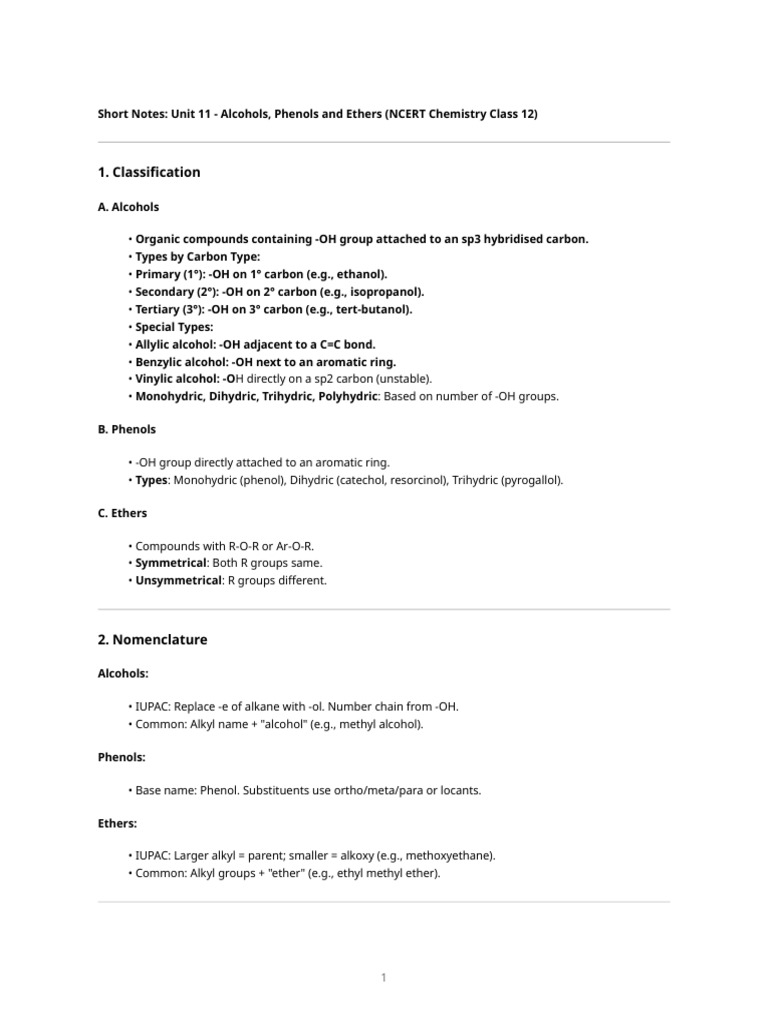 Alcohols, Phenols, and Ethers Notes | PDF | Ether | Ketone