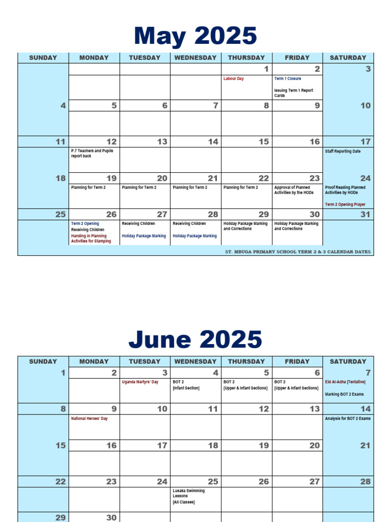 St. Mbuga Primary School Calendar 2025 | PDF | Holidays | Observances
