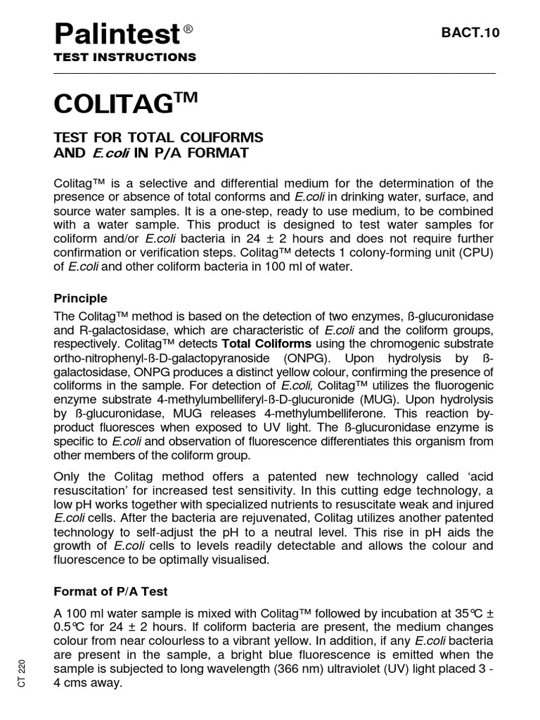 Colitag™ Test for E.coli and Coliforms | PDF | Ultraviolet ...
