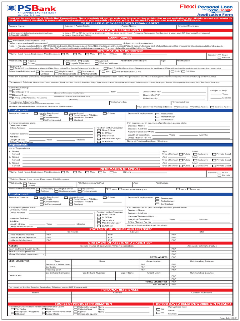 PSBank Flexi Personal Loan Application | PDF | Credit Card | Banks