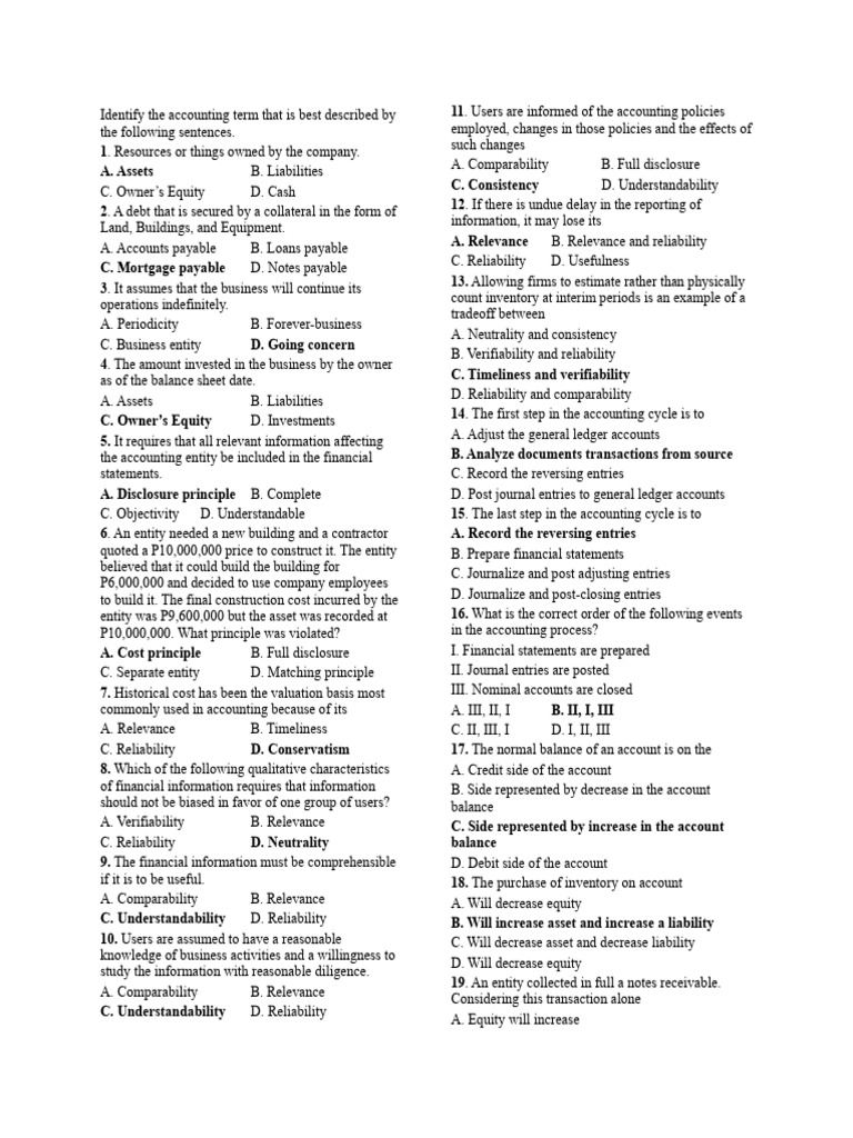 Accounting Terms and Principles Quiz | PDF | Equity (Finance) | Accounting