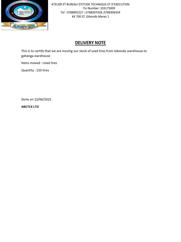 Delivery Note Tires To Gahanga PDF | PDF