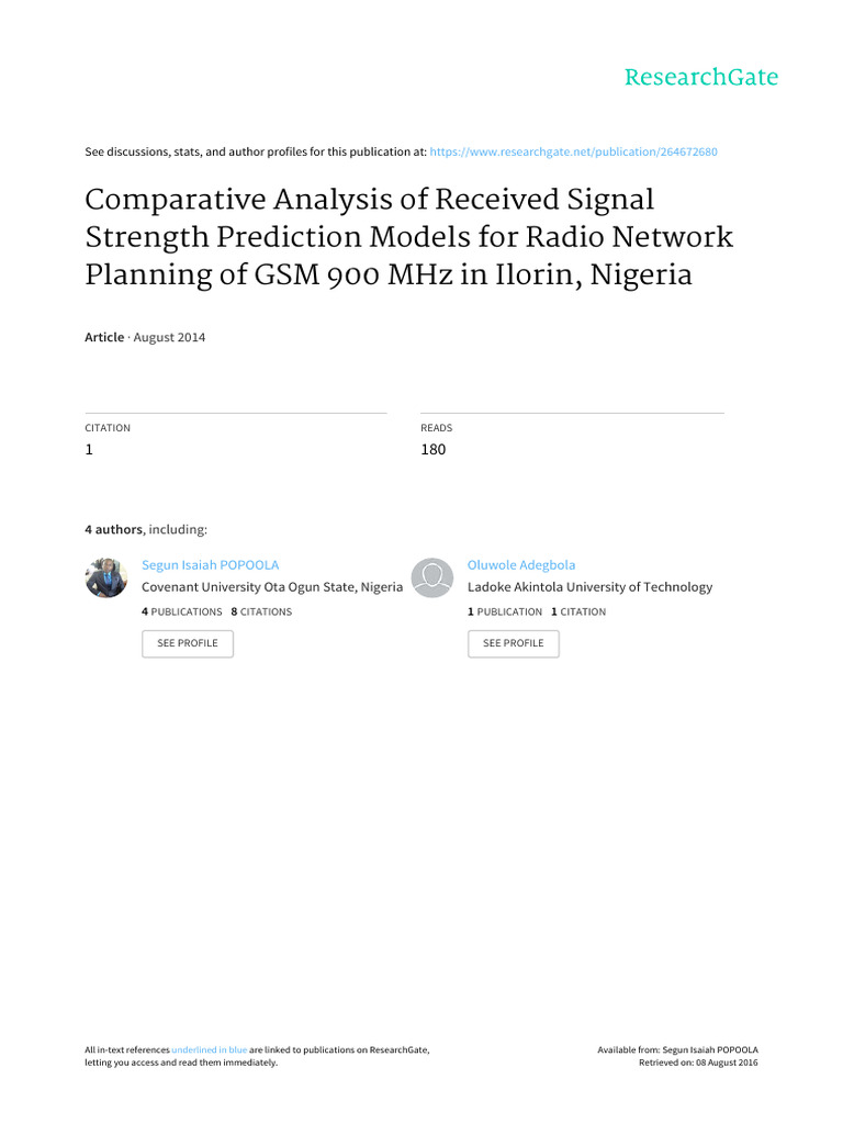 Signal Strength Models for GSM 900 MHz | PDF | Radio Propagation ...