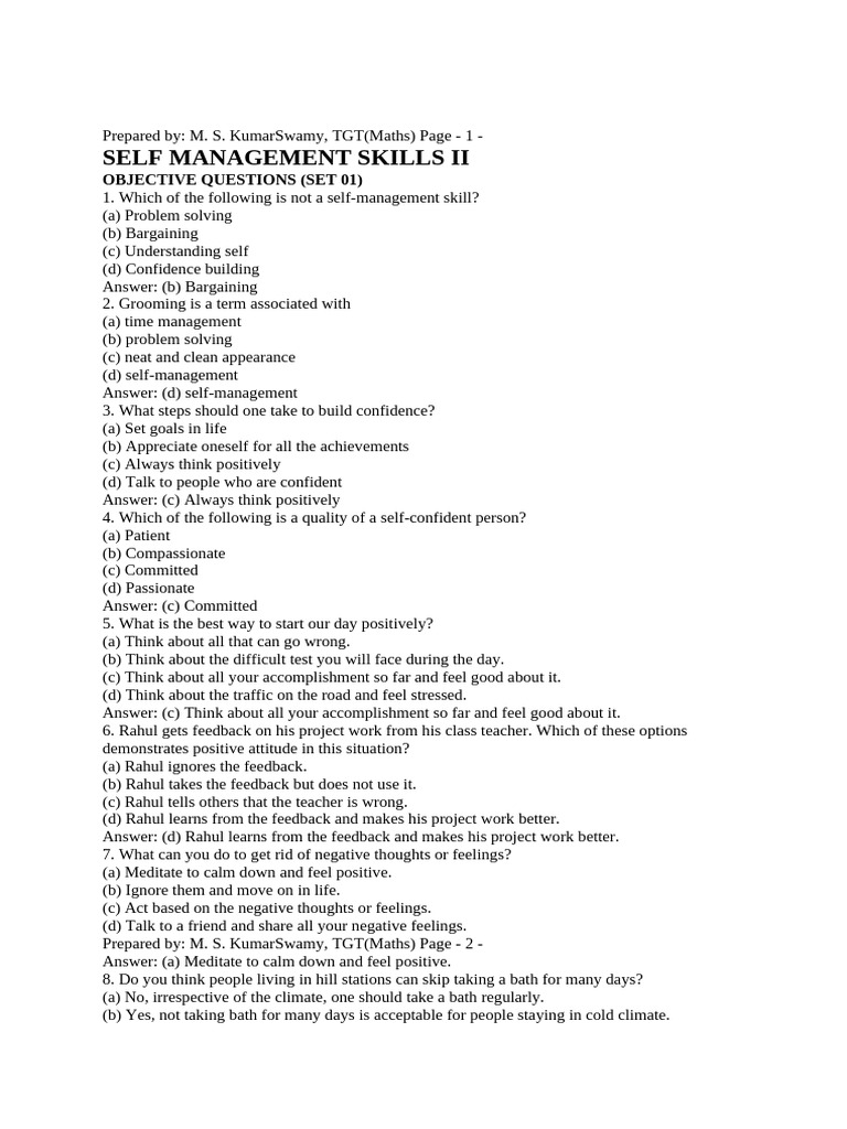 Self-Management Skills: Objective Questions | PDF | Stress (Biology) | Goal