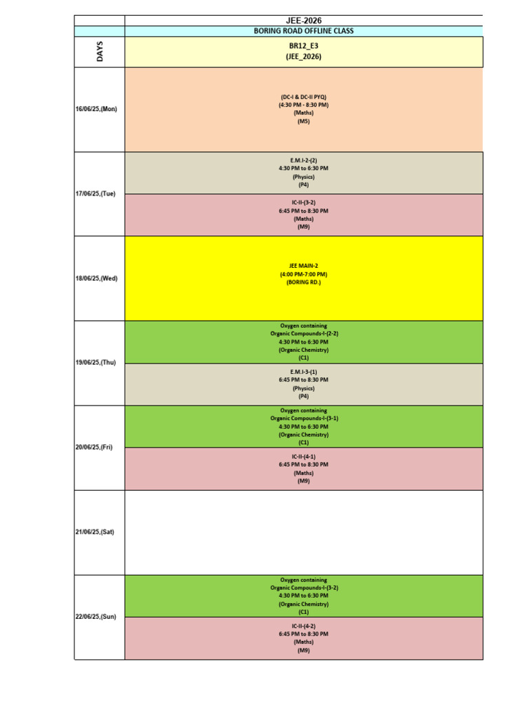 JEE 2026 Class Schedule Overview | PDF
