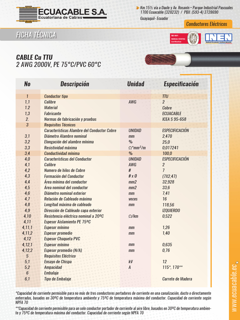 Ficha Técnica de Cables Eléctricos TTU | PDF | Ingeniería de ...