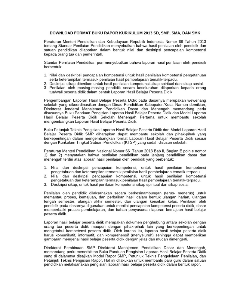 Format Buku Rapor Kurikulum 2013 | PDF