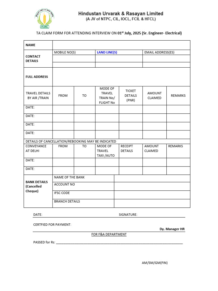 IOCL TA Claim Form for Interview Travel | PDF