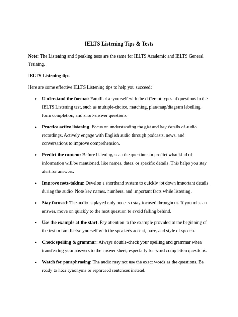 IELTS Listening Tips & Tests | PDF | International English Language ...