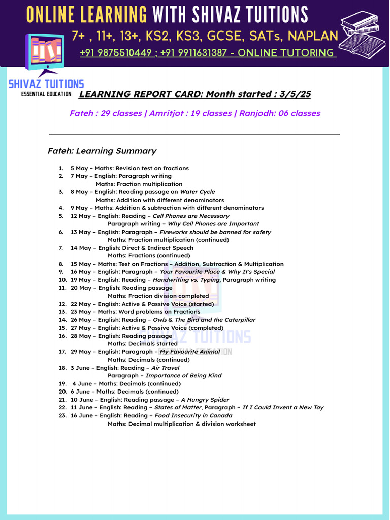 Student Learning Progress Report 2025 | PDF