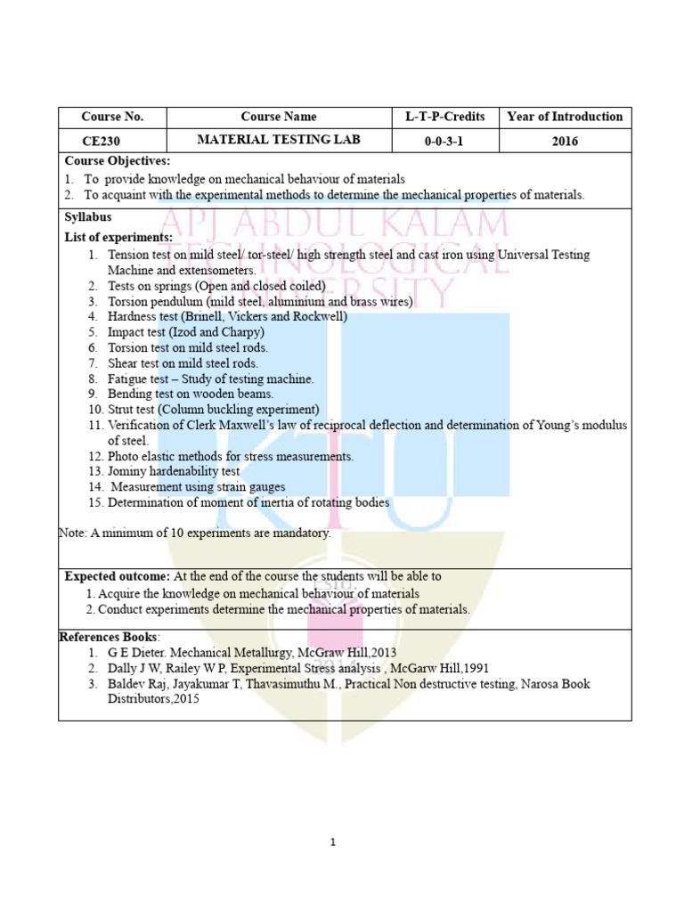 Material Testing Lab Course Overview | PDF