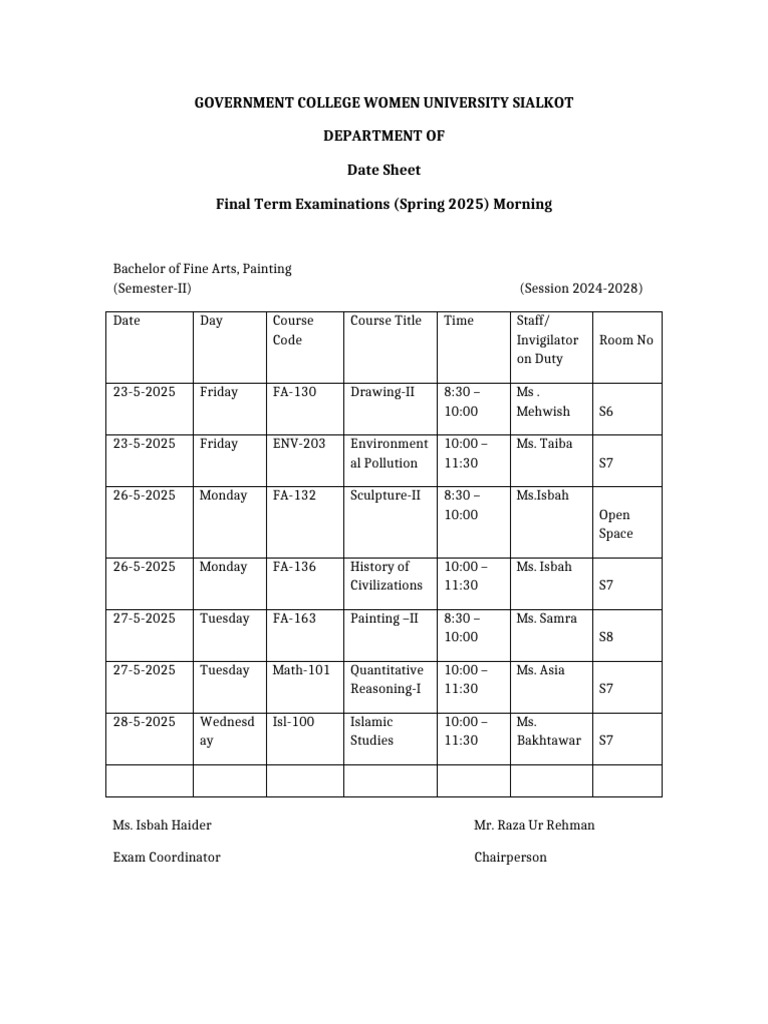 Final Final Term Datesheet Spring 2025 Updated | PDF | The Arts