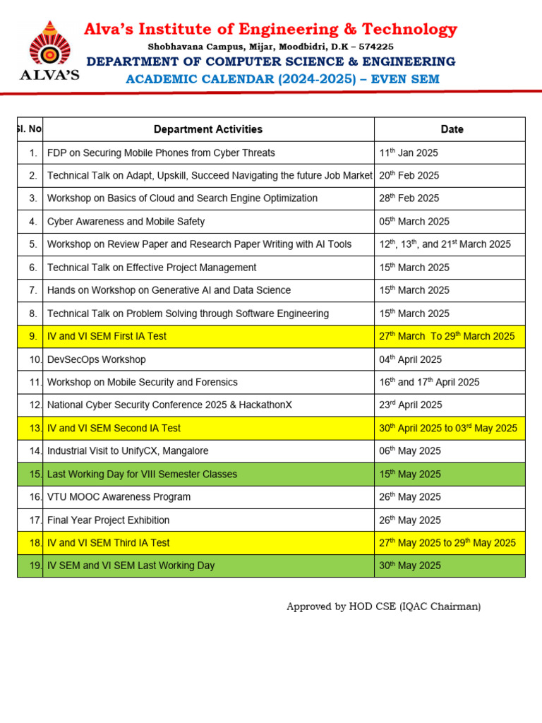 CSE Academic Calendar 2024-2025 Even Sem | PDF