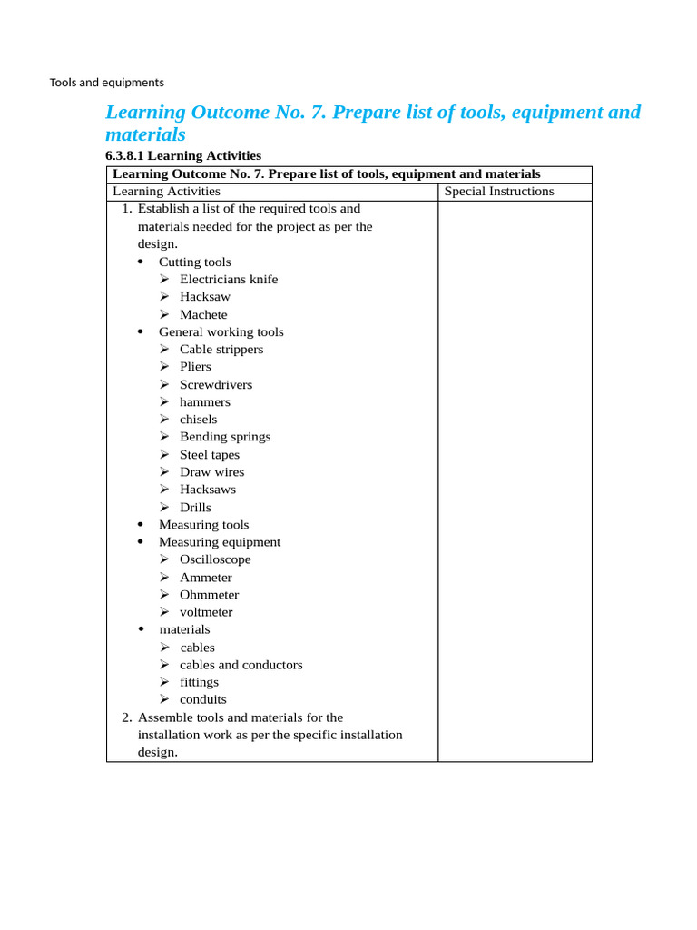 Tools and Equipmentms | PDF | Electrical Wiring | Wire